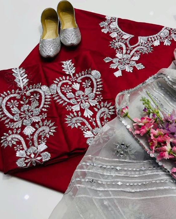 4-Piece Kattan Silk & Organza Fancy Suit with Khussa
