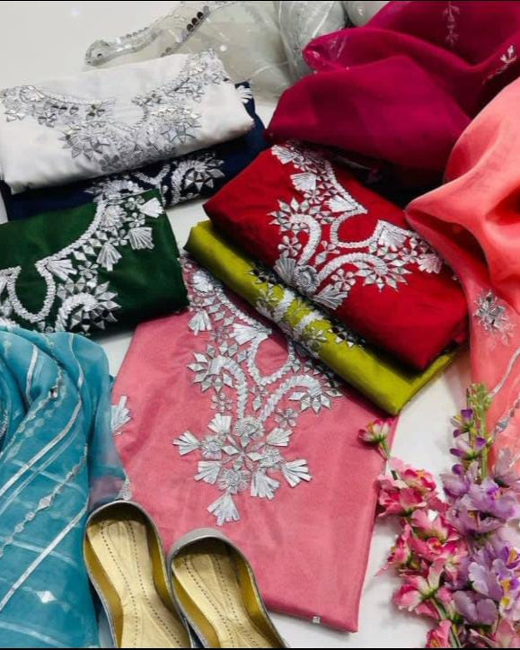 4-Piece Kattan Silk & Organza Fancy Suit with Khussa