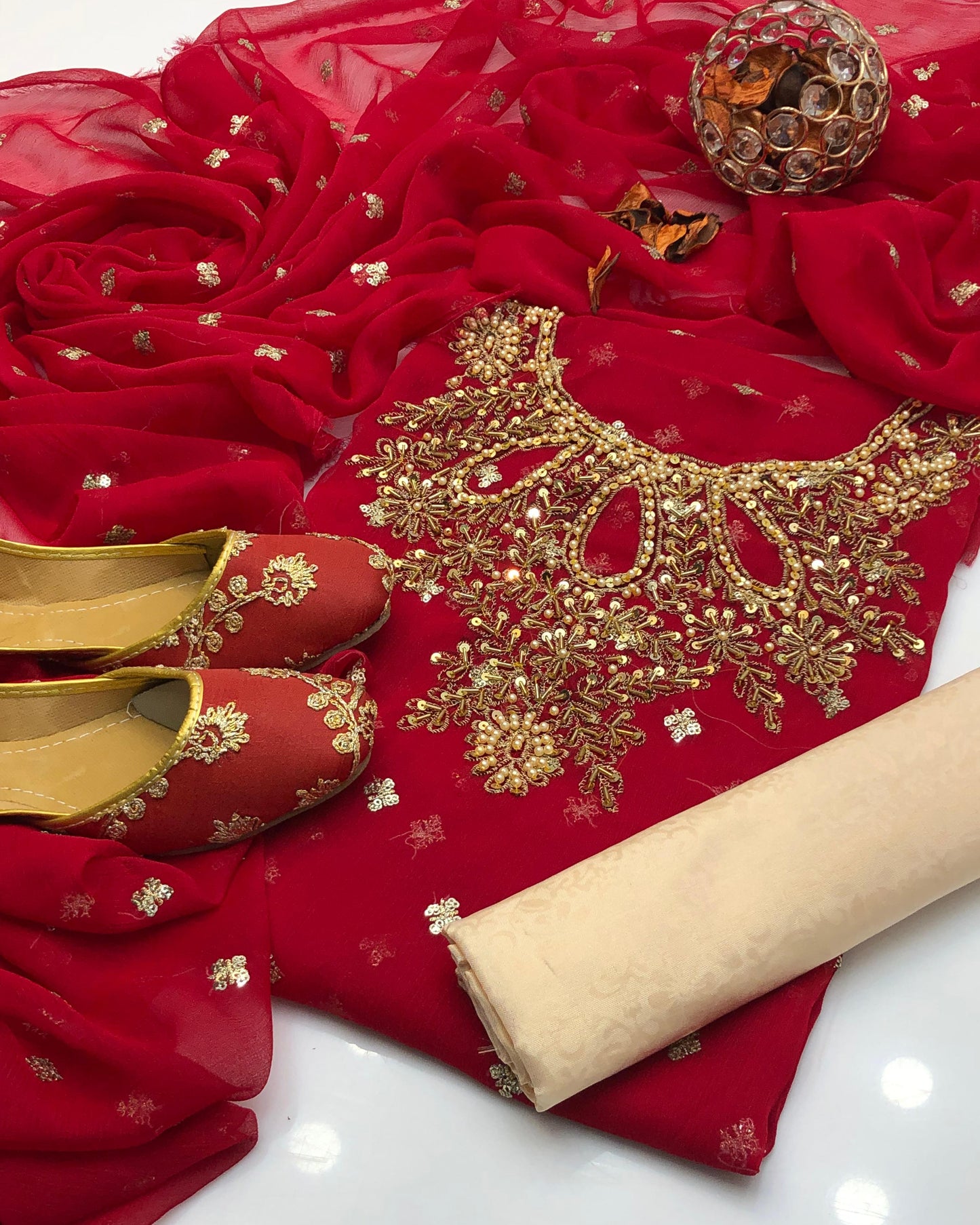 Chiffon Boti HandWork-3 Piece Dress with Khussa