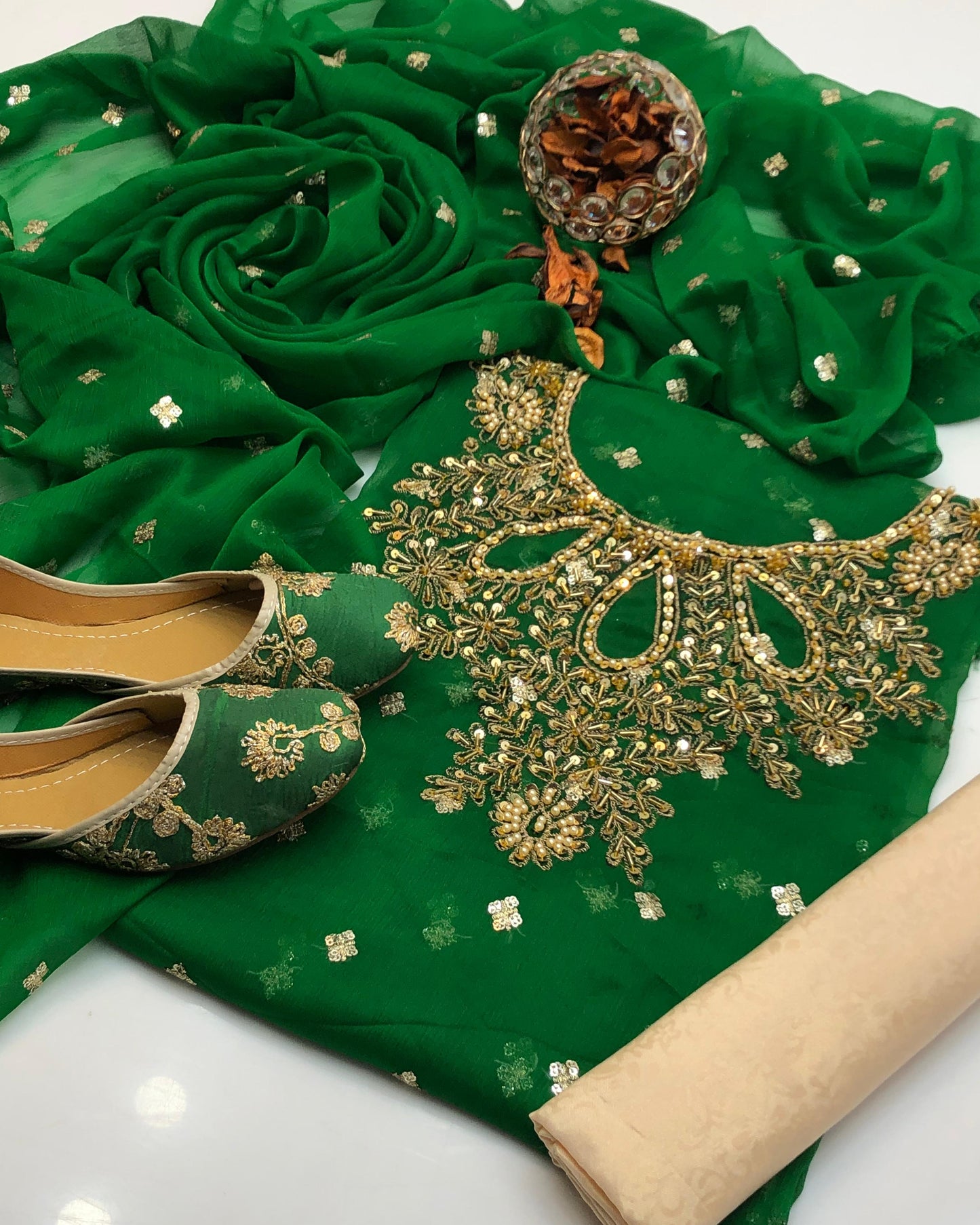 Chiffon Boti HandWork-3 Piece Dress with Khussa