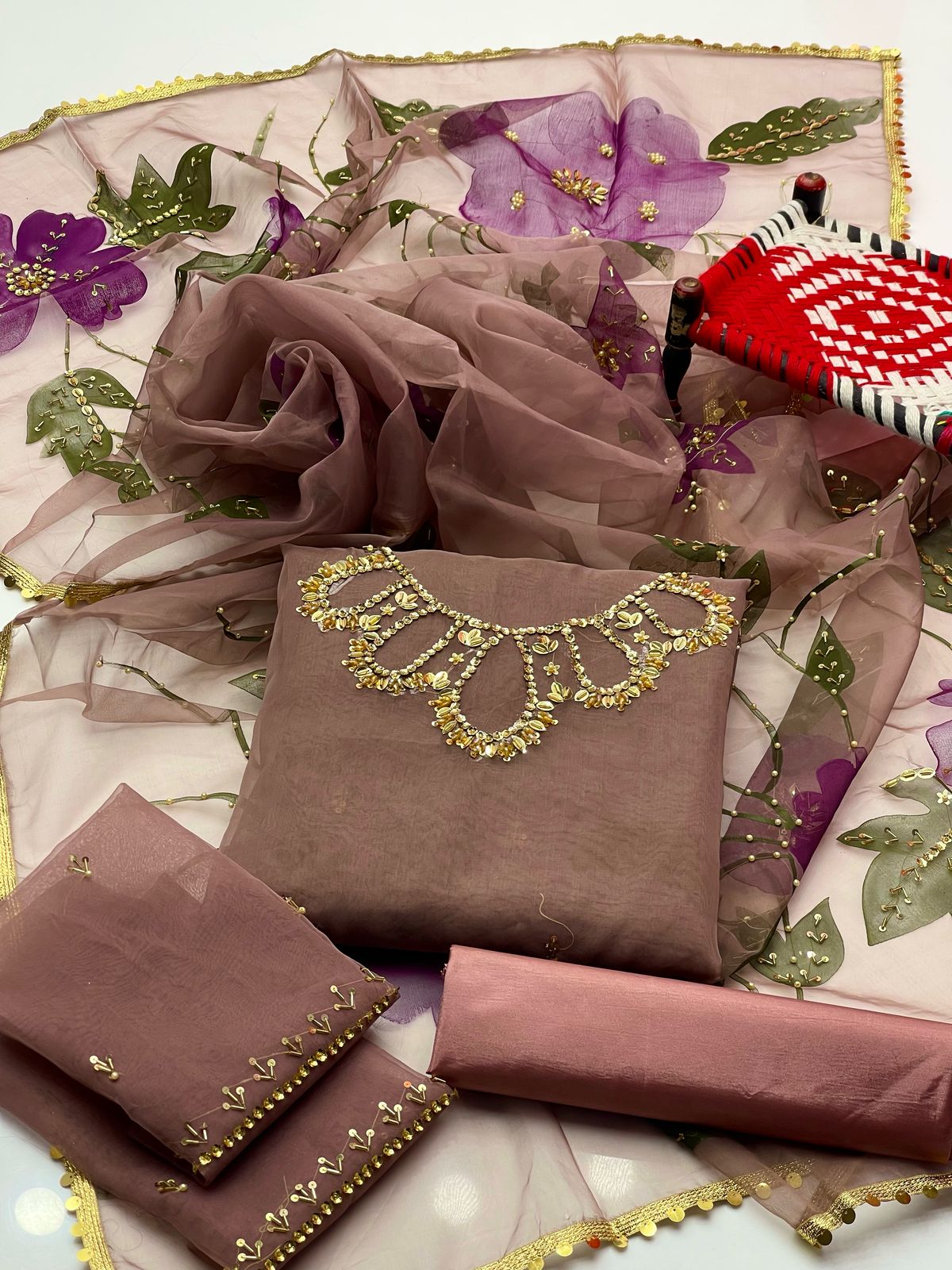 Handwork Stones & Beads Organza-3 Piece Dress with Zari Dupatta