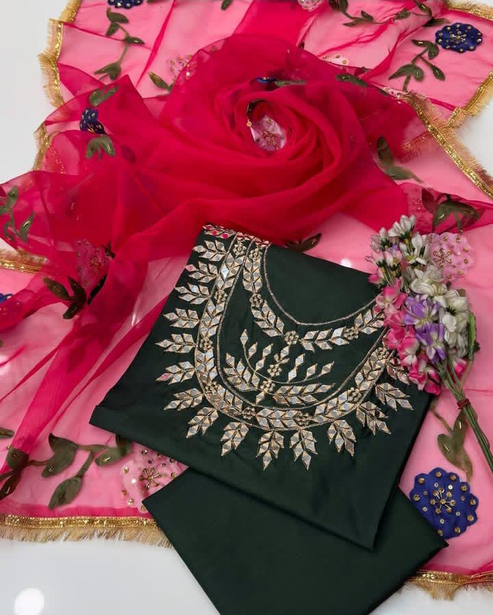 Mirror & Zari Work Katan Silk-3 Piece Dress with Organza Dupatta