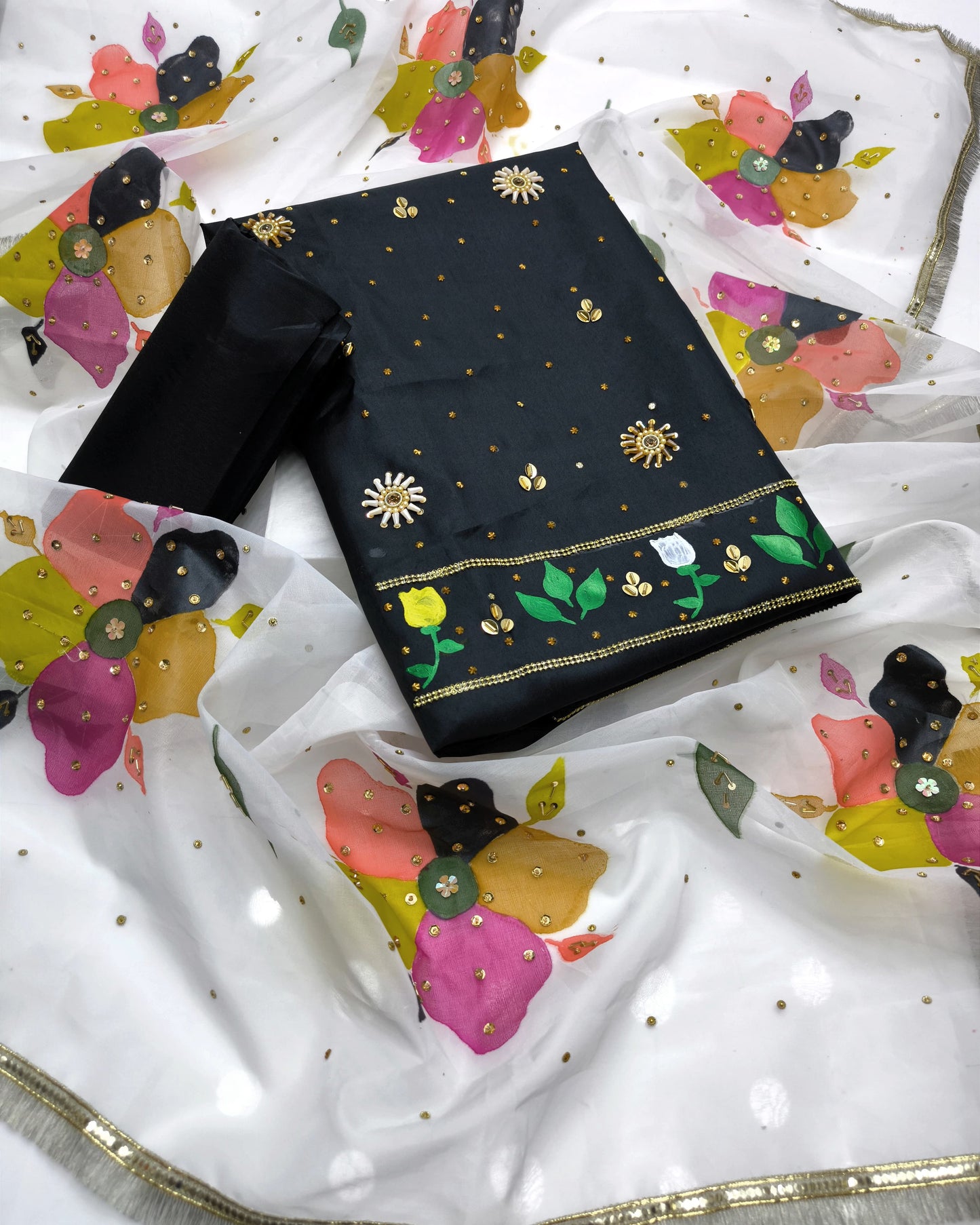 Oil paint Organza Duppata Katan silk Dress - 3 piece