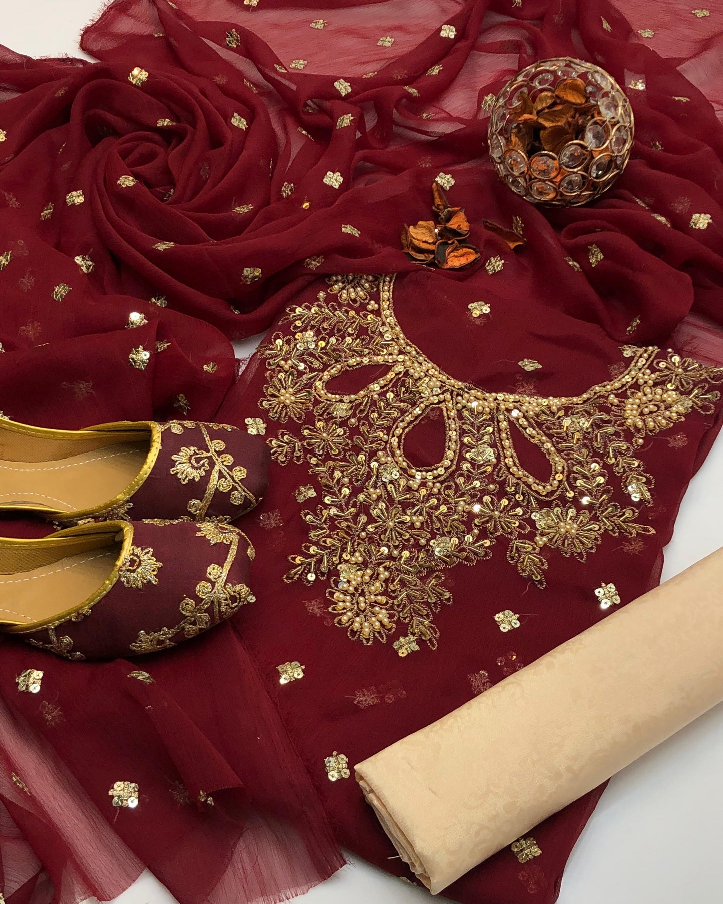 Chiffon Boti HandWork-3 Piece Dress with Khussa