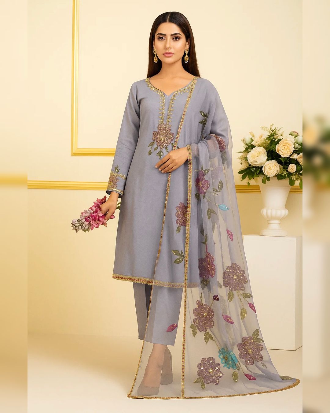 Handwork Stones & Beads Organza Dress | 2 Piece