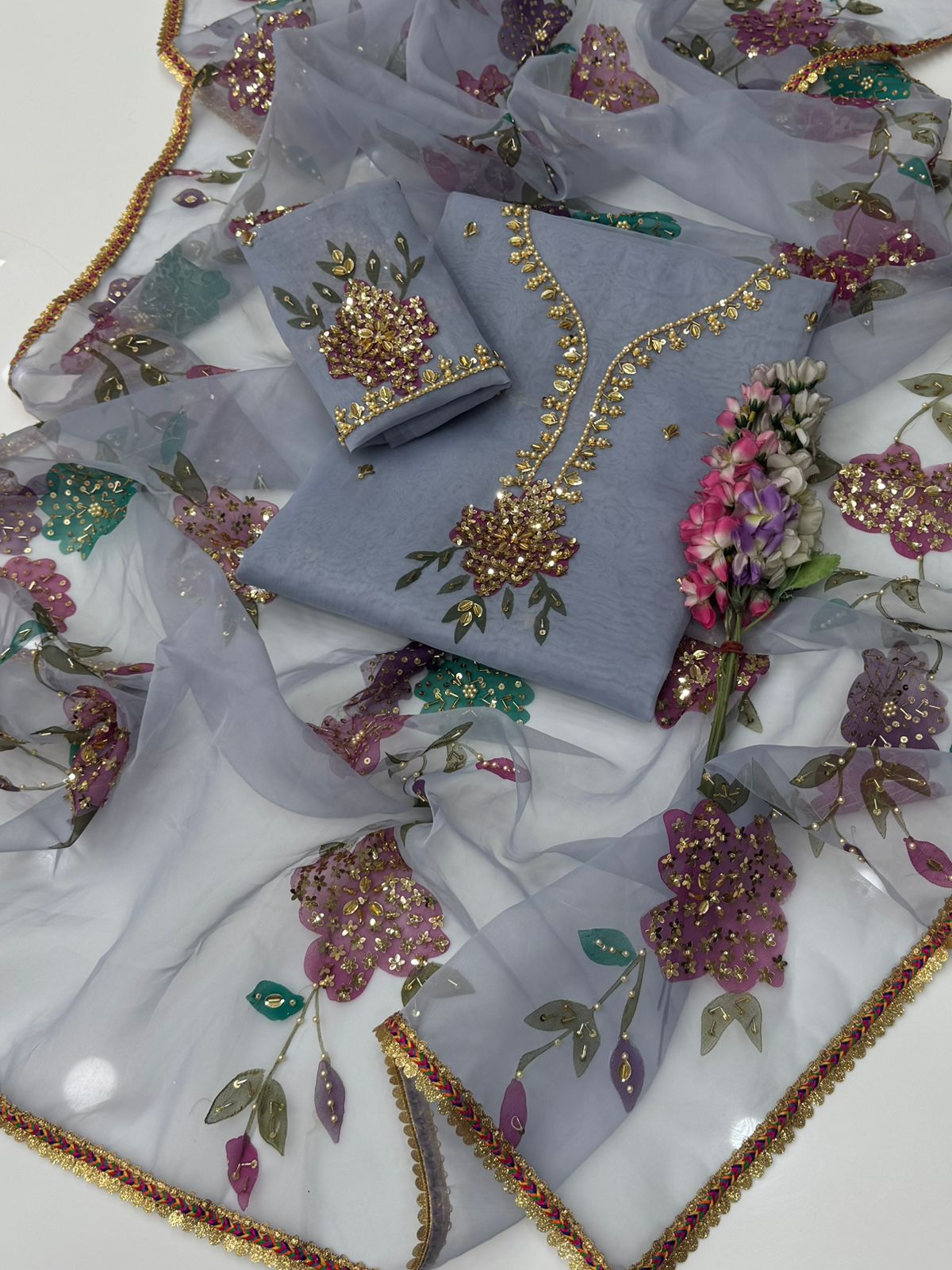 Handwork Stones & Beads Organza Dress | 2 Piece