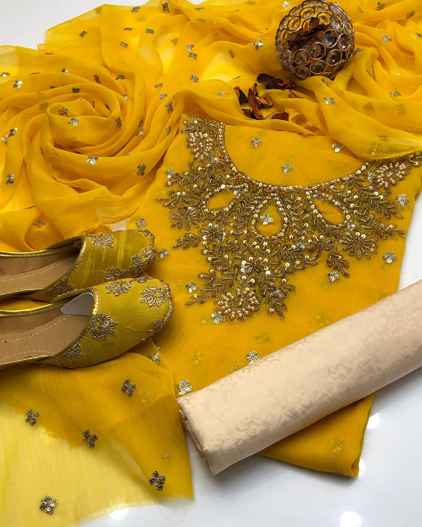 Chiffon Boti HandWork-3 Piece Dress with Khussa