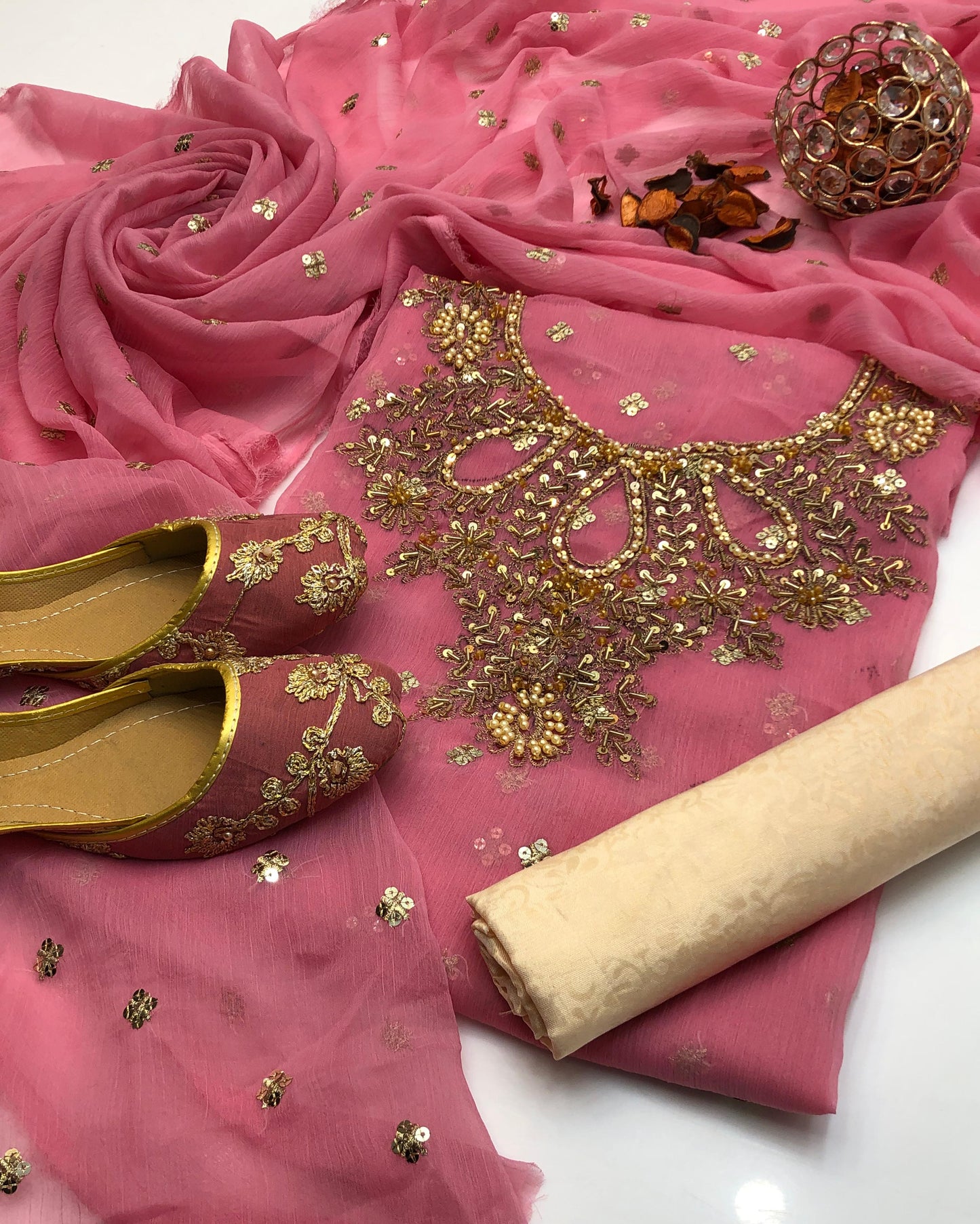 Chiffon Boti HandWork-3 Piece Dress with Khussa