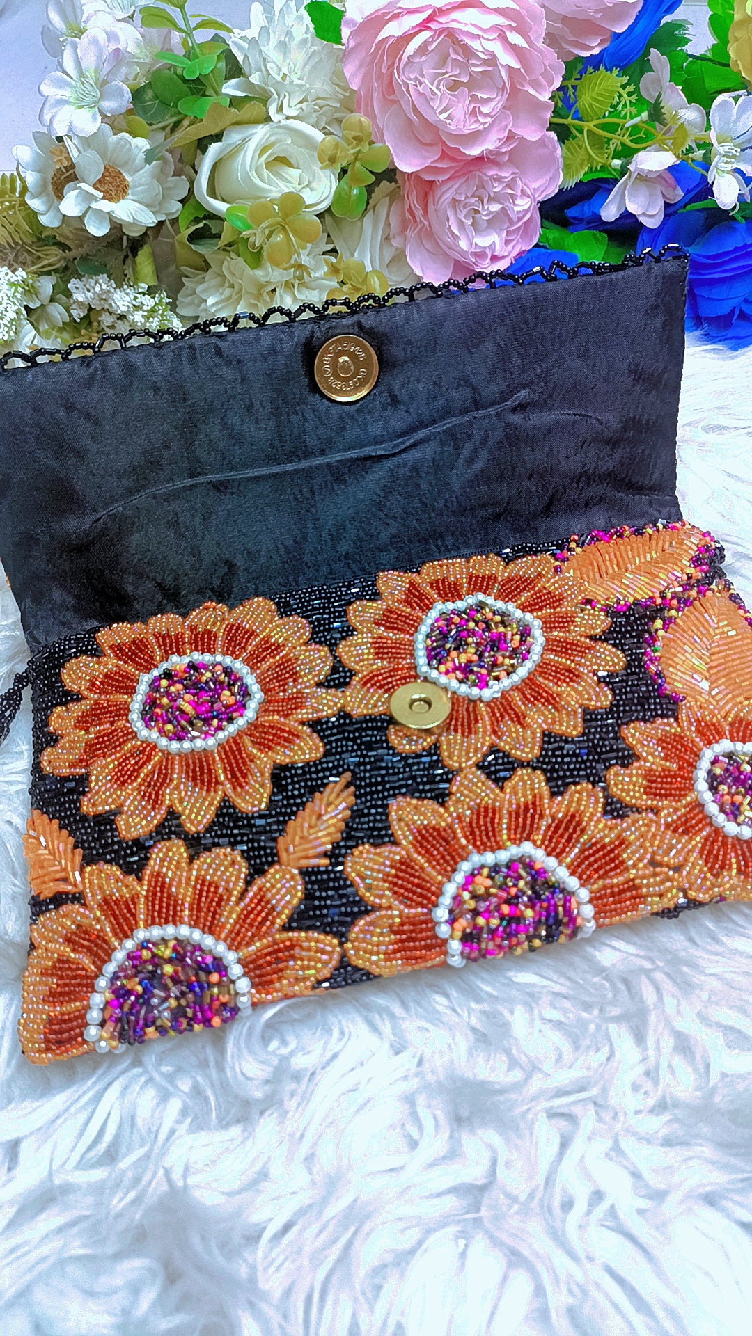 Black Orange Sunflower Handmade Beaded Clutch | Floral Beaded Purse | Handmade