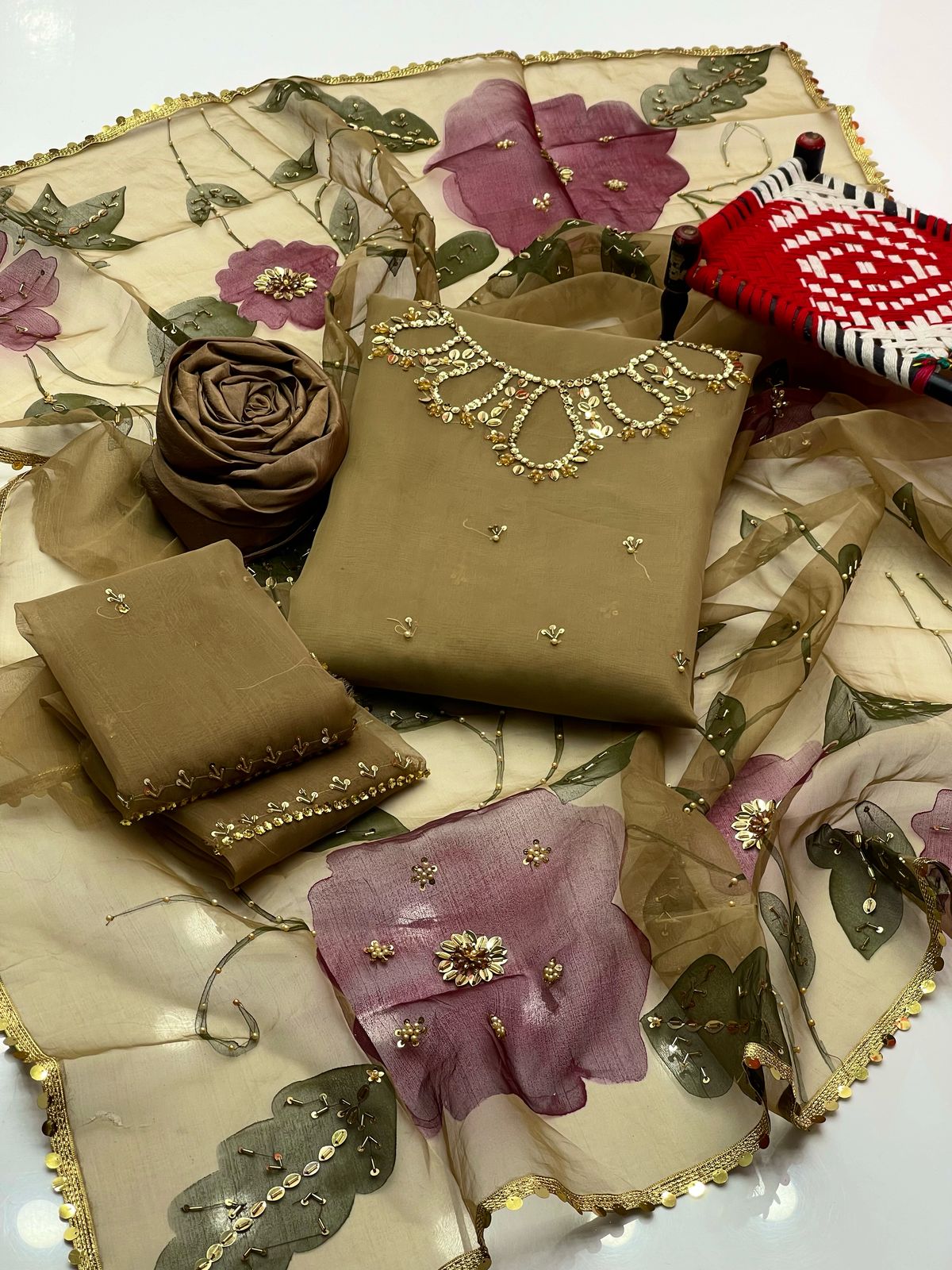 Handwork Stones & Beads Organza-3 Piece Dress with Zari Dupatta
