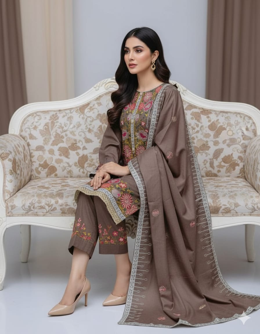 Dhanak emb 3 - Piece Semi stitched