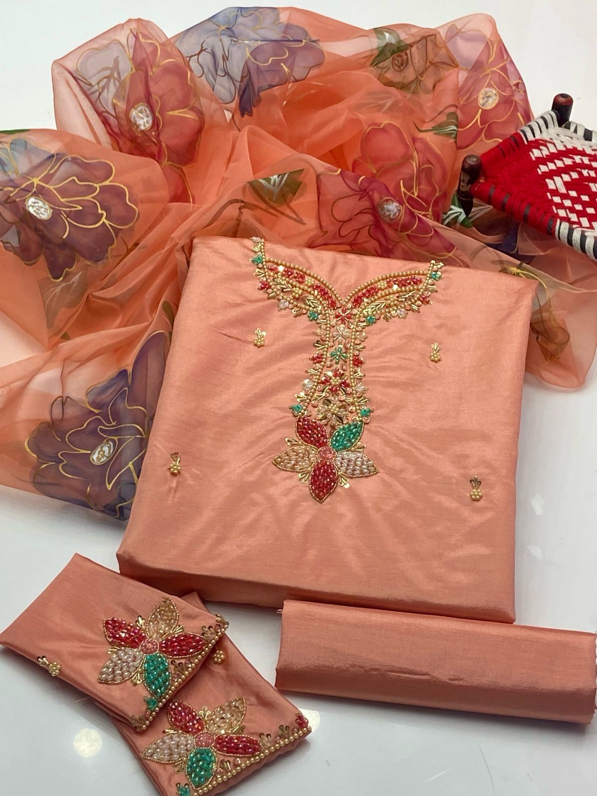 Katan Silk 3 Piece Dress – Beads Work Shirt, Sleeves Bunch & 3D Organza Dupatta