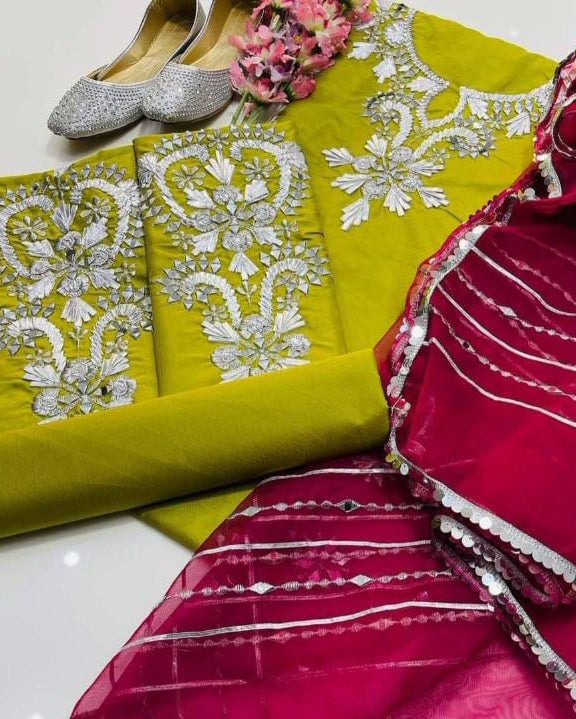 4-Piece Kattan Silk & Organza Fancy Suit with Khussa