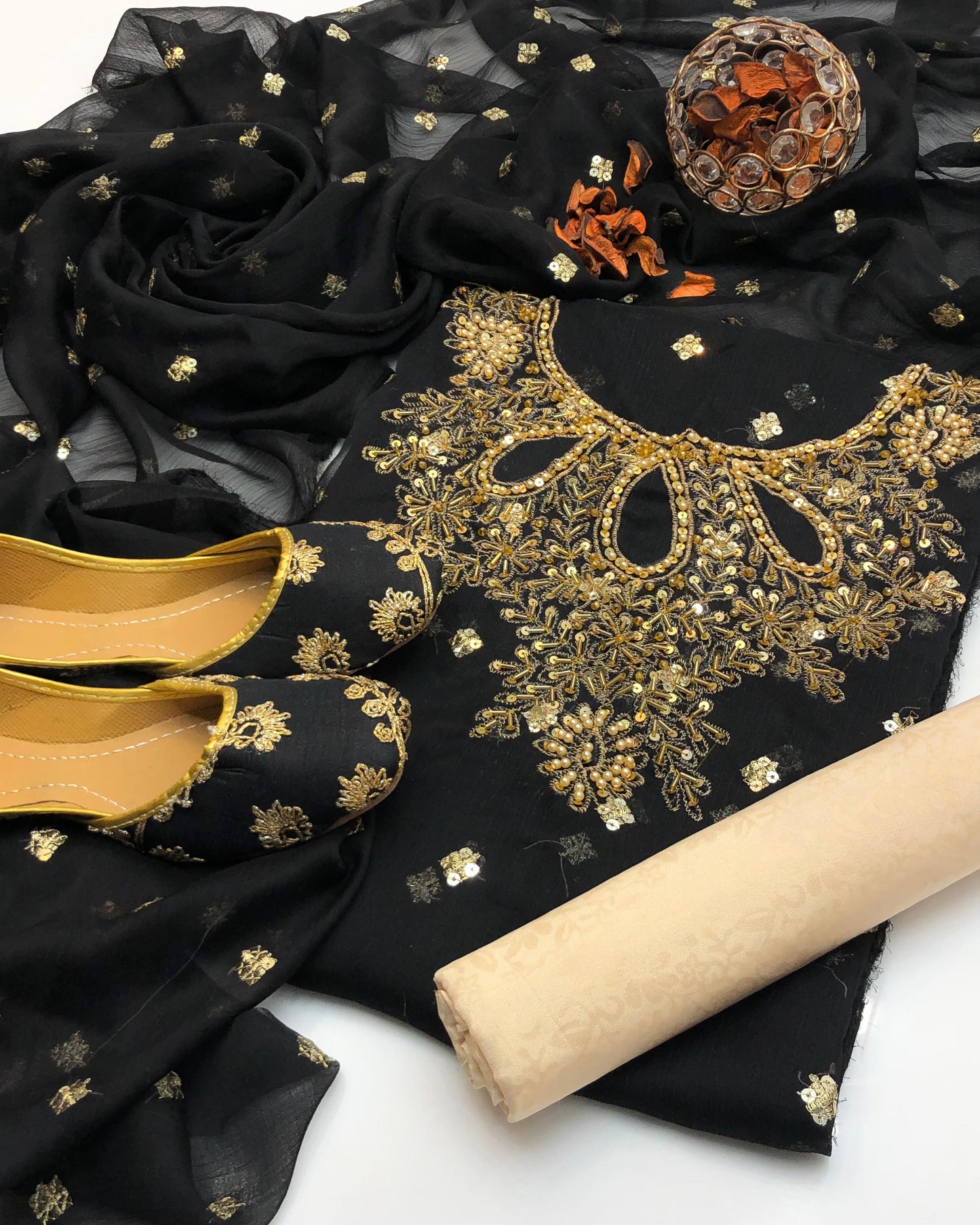 Chiffon Boti HandWork-3 Piece Dress with Khussa