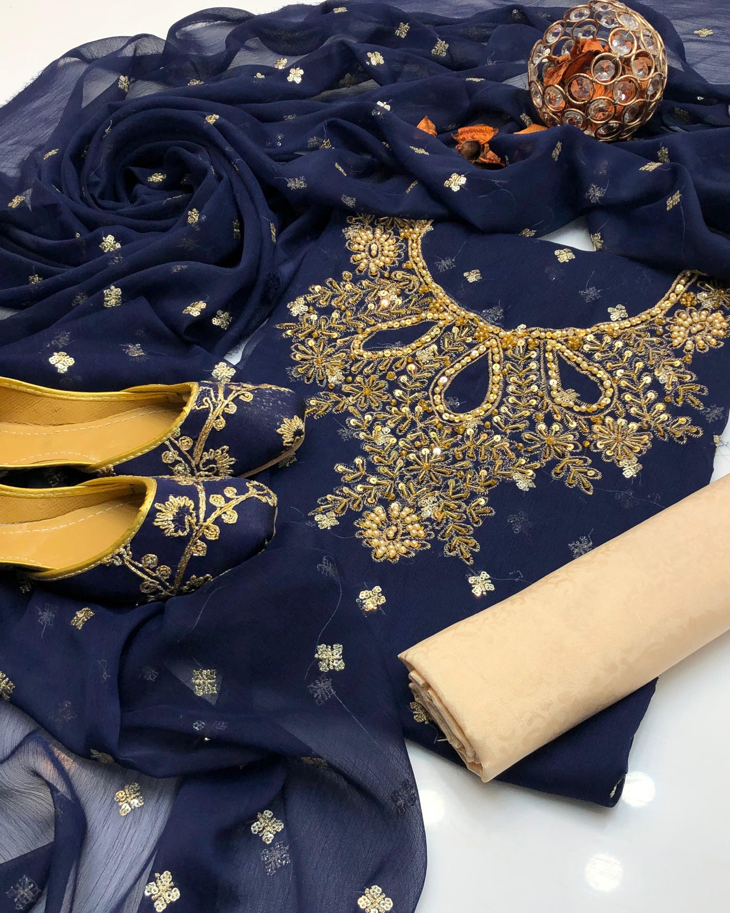 Chiffon Boti HandWork-3 Piece Dress with Khussa