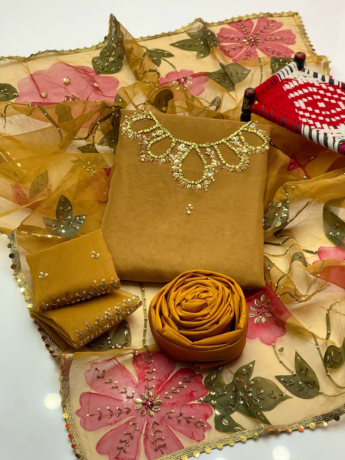Handwork Stones & Beads Organza-3 Piece Dress with Zari Dupatta