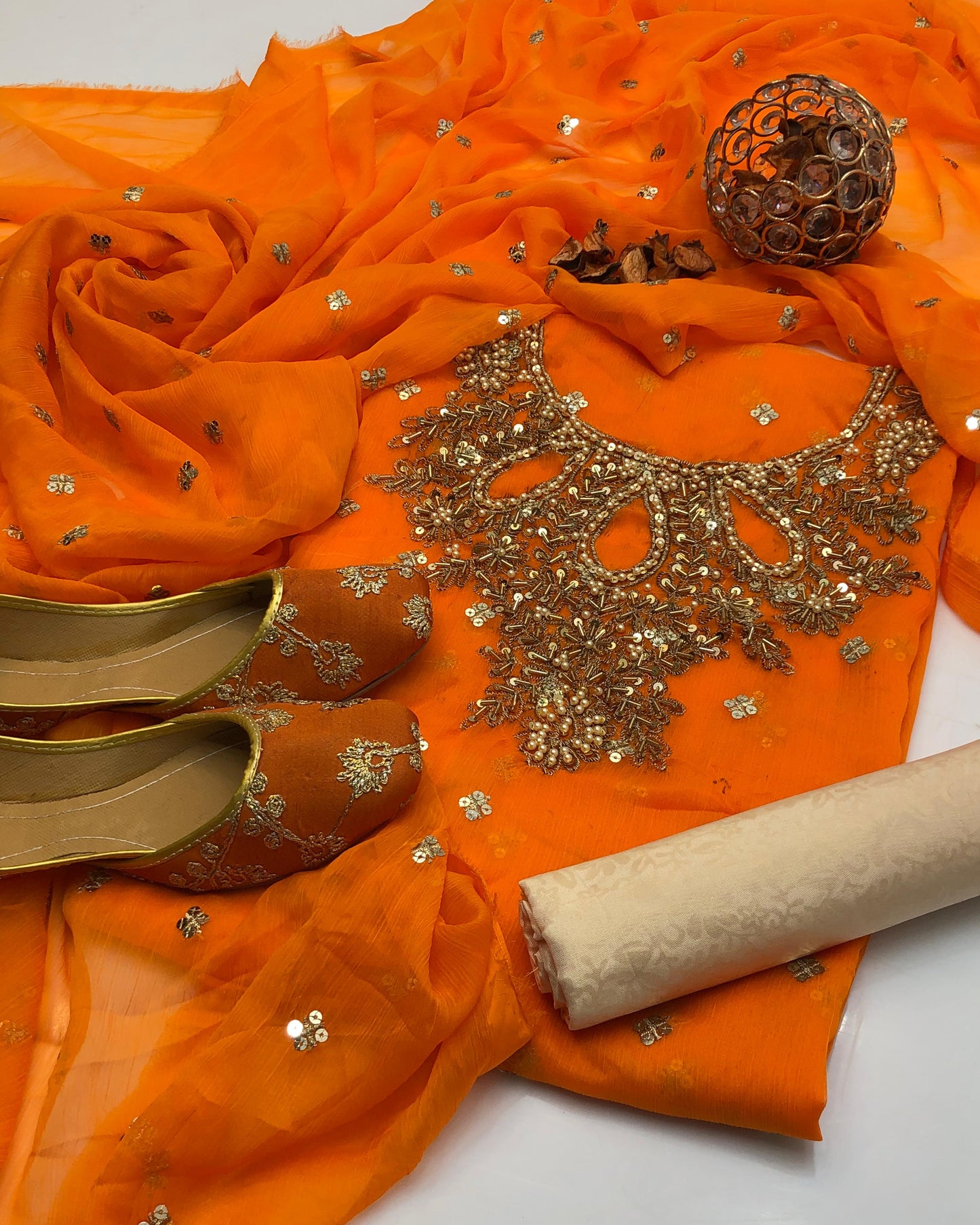 Chiffon Boti HandWork-3 Piece Dress with Khussa
