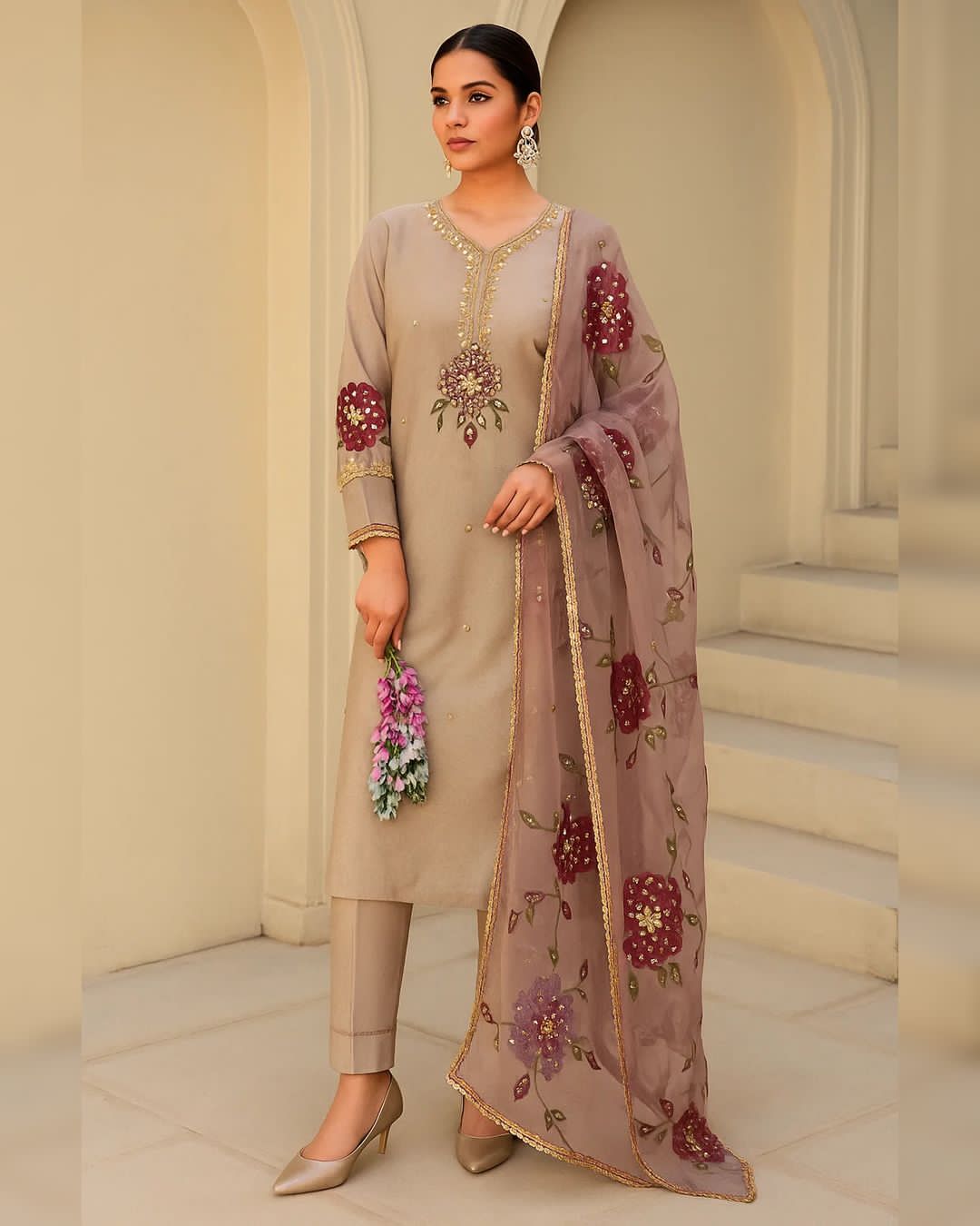 Handwork Stones & Beads Organza Dress | 2 Piece