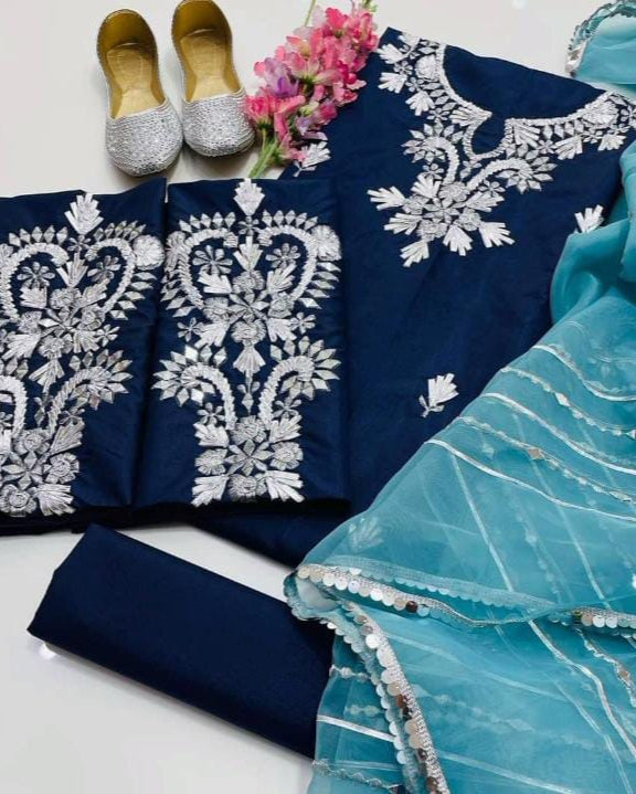 4-Piece Kattan Silk & Organza Fancy Suit with Khussa
