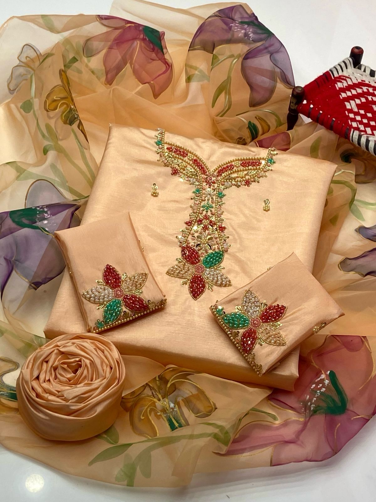 Katan Silk 3 Piece Dress – Beads Work Shirt, Sleeves Bunch & 3D Organza Dupatta