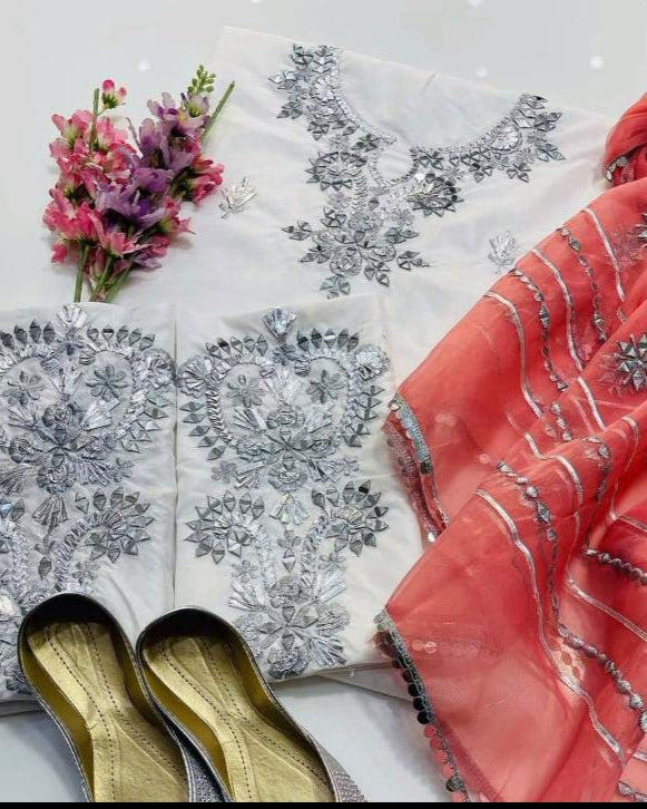 4-Piece Kattan Silk & Organza Fancy Suit with Khussa