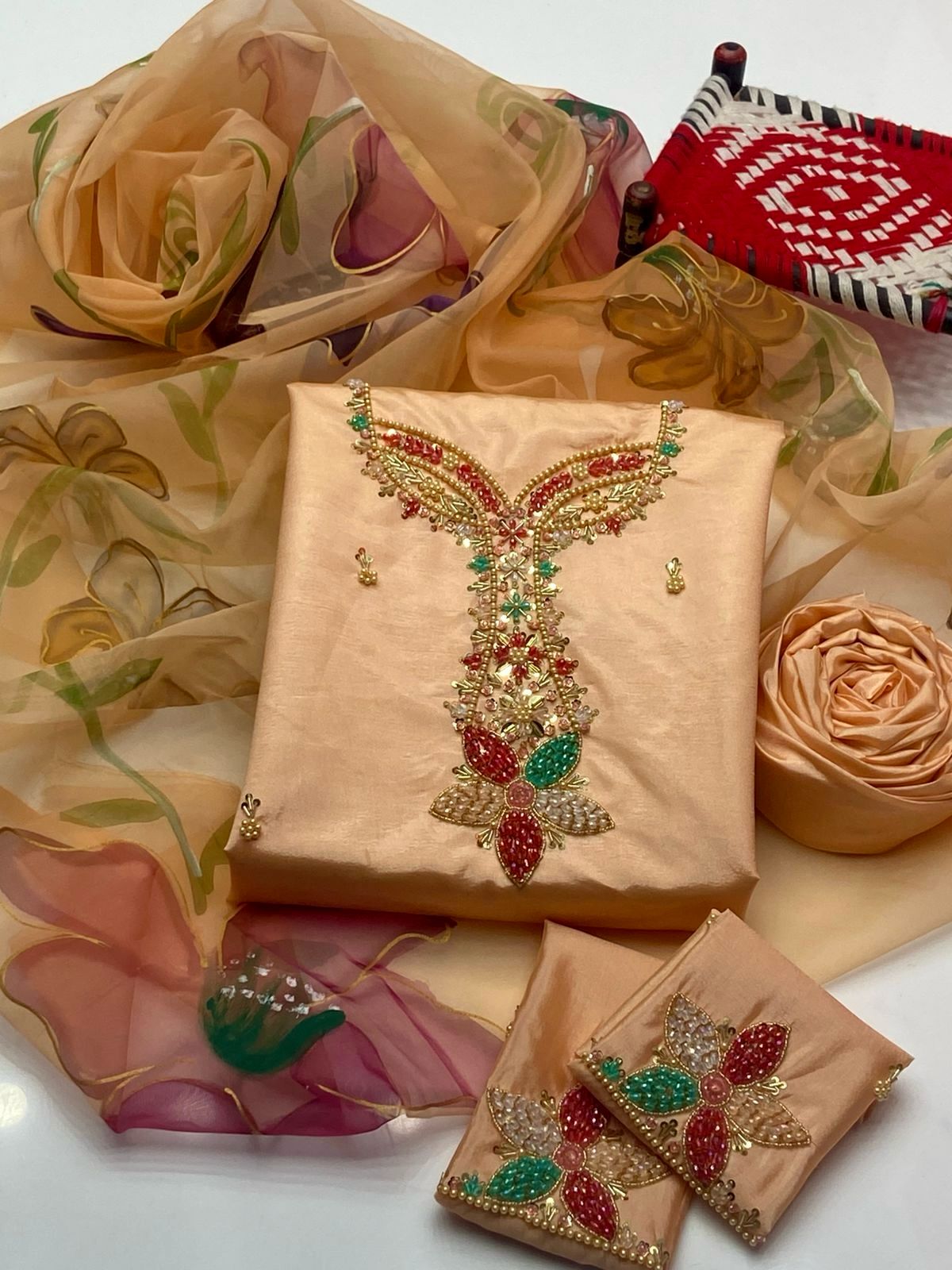 Katan Silk 3 Piece Dress – Beads Work Shirt, Sleeves Bunch & 3D Organza Dupatta