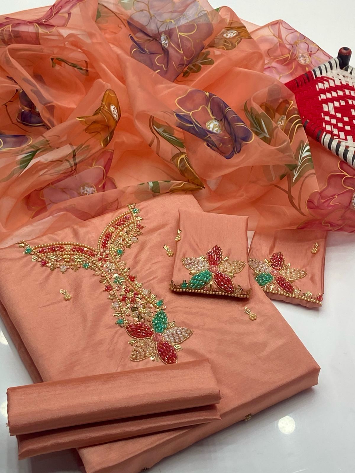 Katan Silk 3 Piece Dress – Beads Work Shirt, Sleeves Bunch & 3D Organza Dupatta
