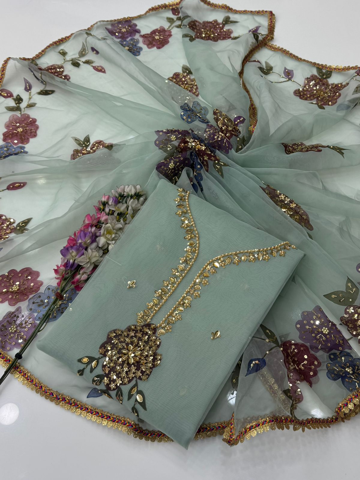 Handwork Stones & Beads Organza Dress | 2 Piece