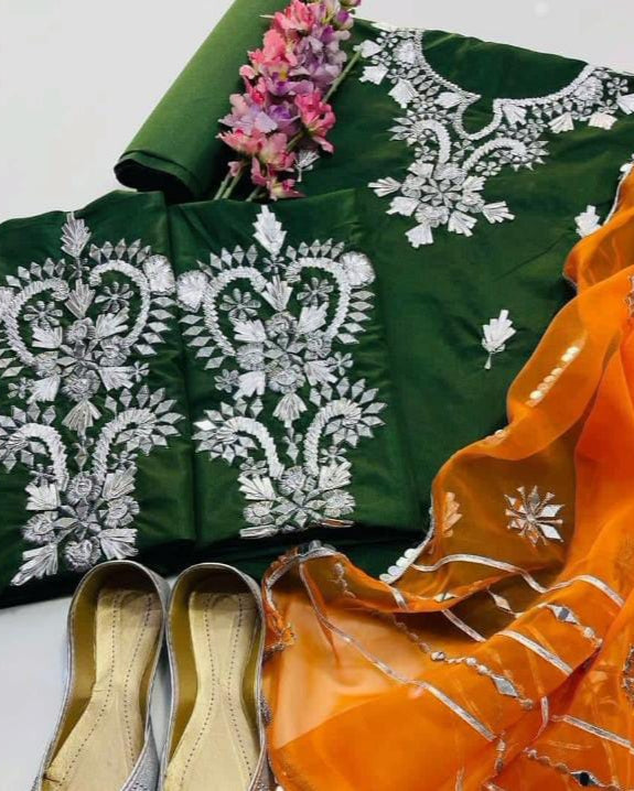 4-Piece Kattan Silk & Organza Fancy Suit with Khussa