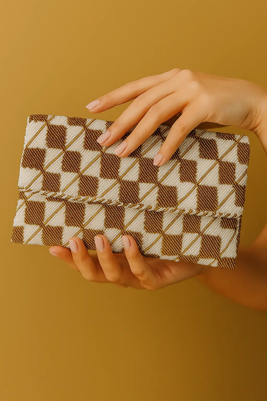 Royal Glow White & Golden Beaded Purse
