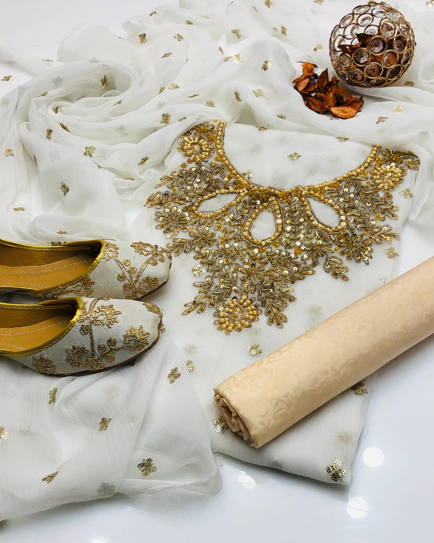 Chiffon Boti HandWork-3 Piece Dress with Khussa