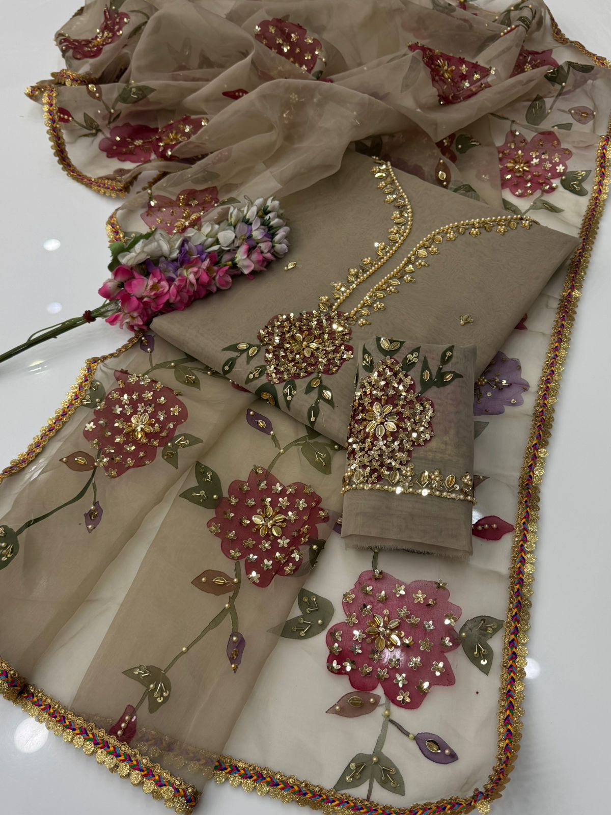 Handwork Stones & Beads Organza Dress | 2 Piece