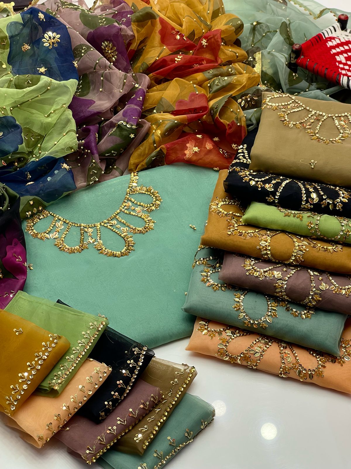 Handwork Stones & Beads Organza-3 Piece Dress with Zari Dupatta