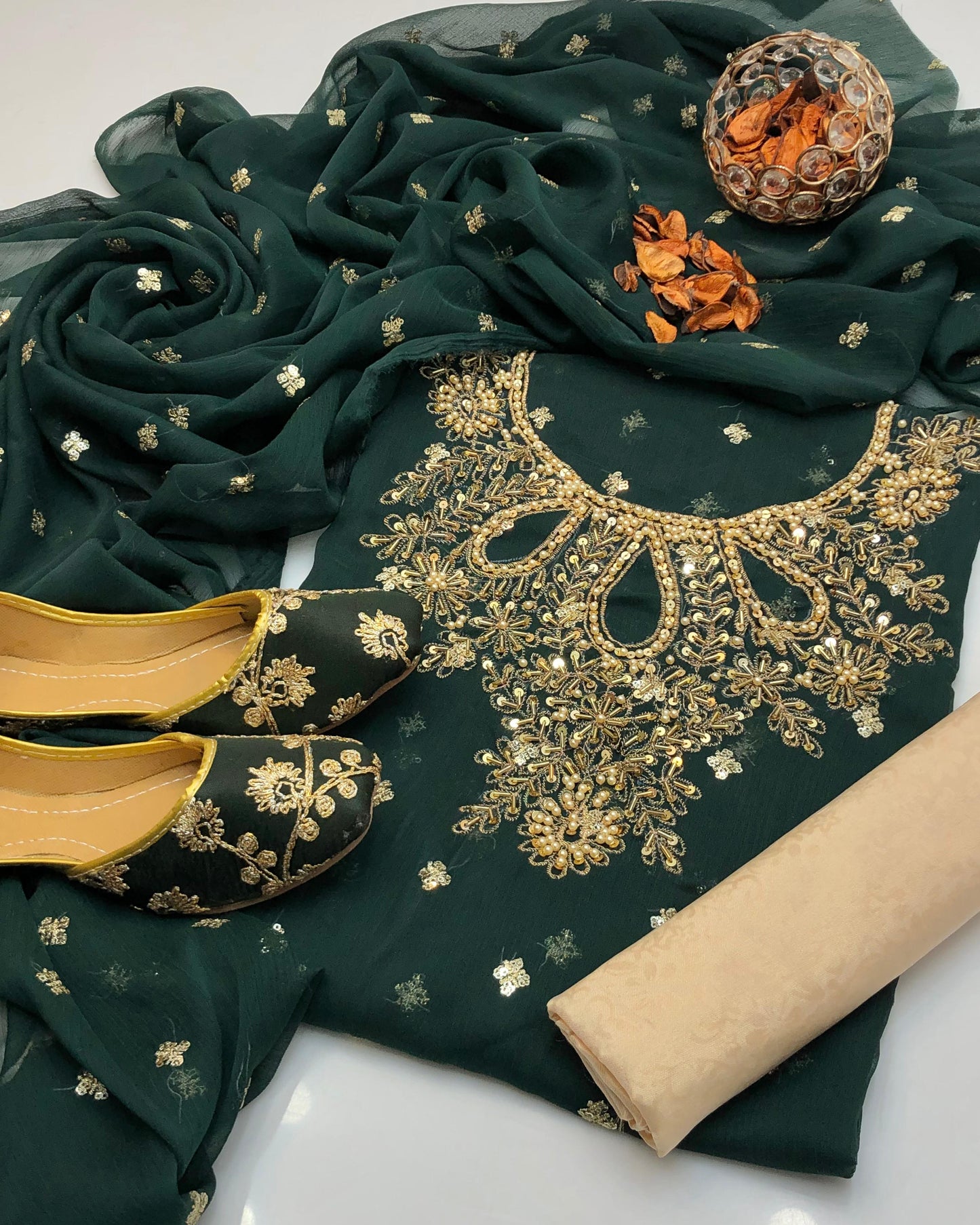 Chiffon Boti HandWork-3 Piece Dress with Khussa