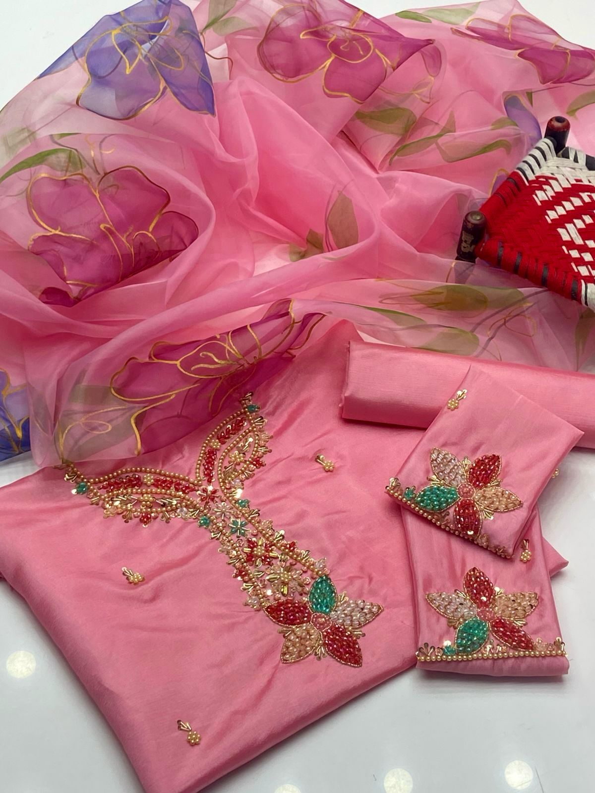 Katan Silk 3 Piece Dress – Beads Work Shirt, Sleeves Bunch & 3D Organza Dupatta