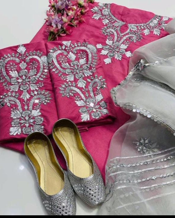 4-Piece Kattan Silk & Organza Fancy Suit with Khussa