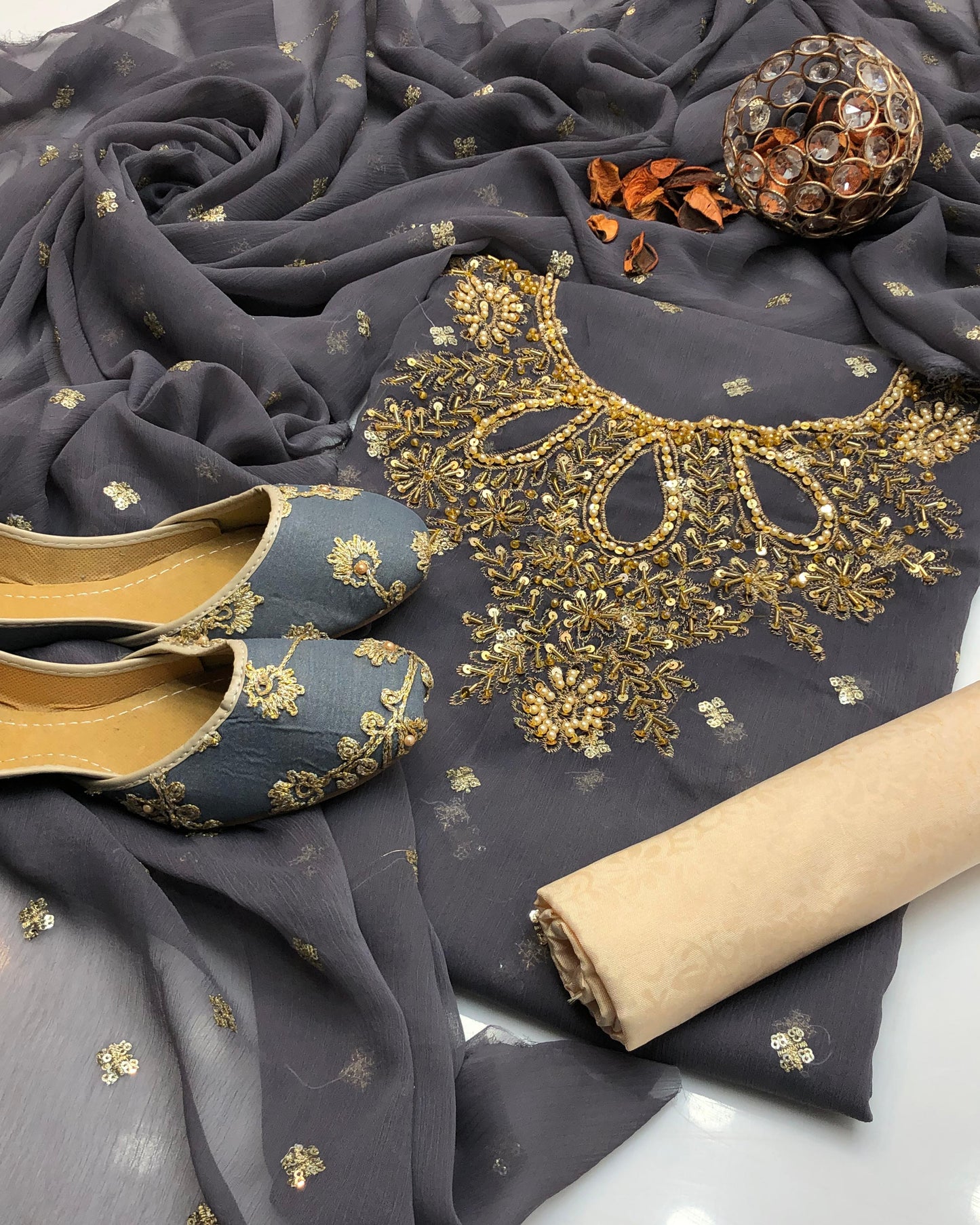 Chiffon Boti HandWork-3 Piece Dress with Khussa