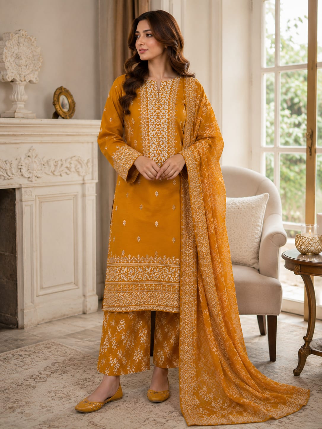 Fancy Style 3-Piece Lawn Suit β Embroidered Shirt with Printed Chiffon Dupatta
