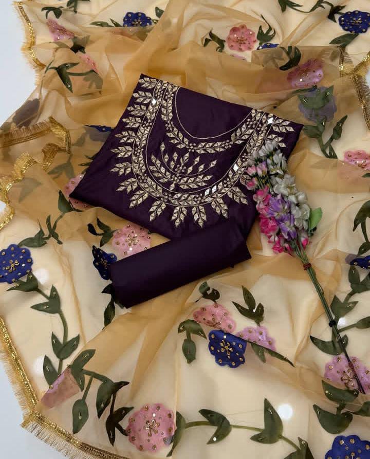 Mirror & Zari Work Katan Silk-3 Piece Dress with Organza Dupatta
