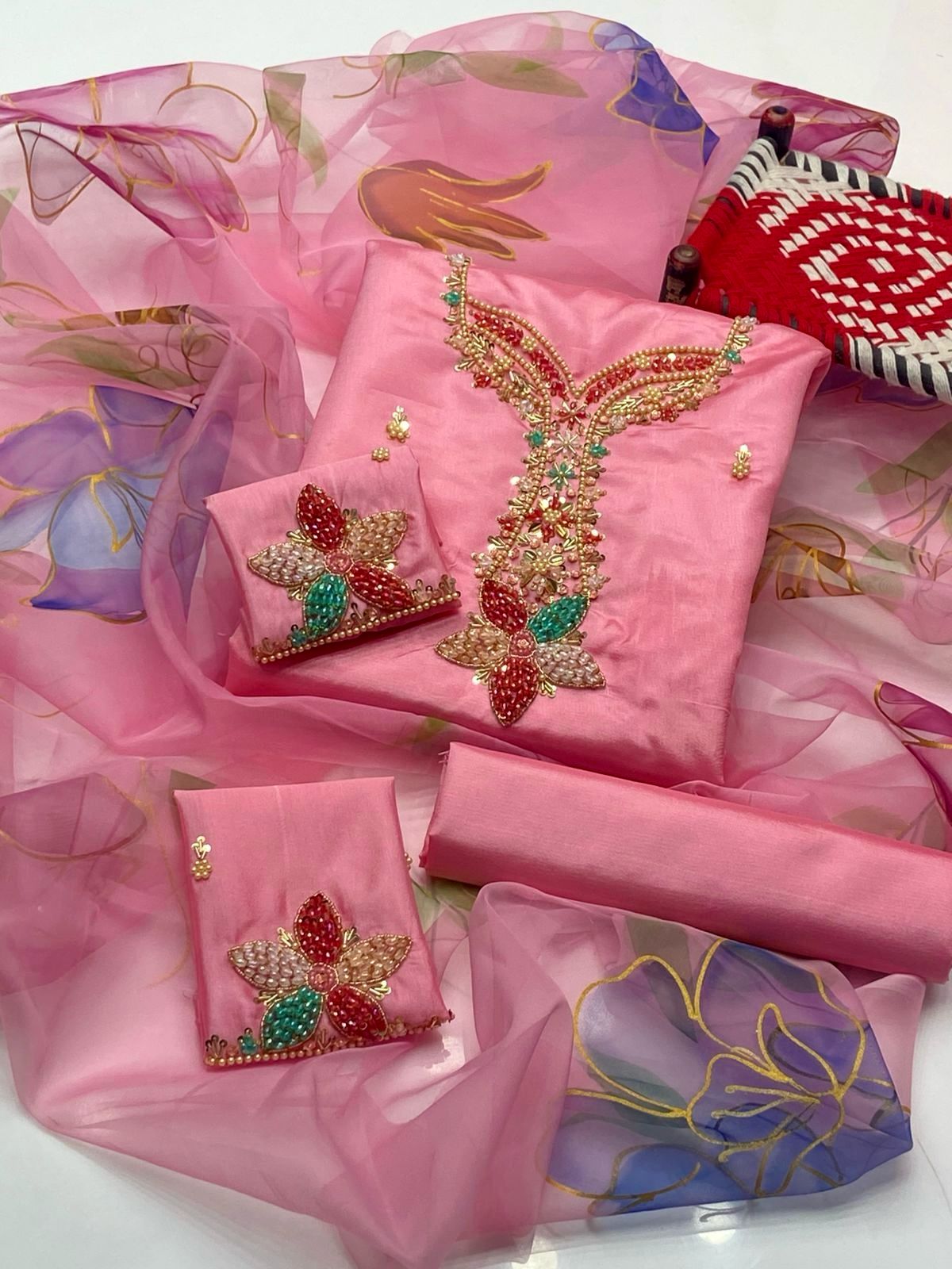 Katan Silk 3 Piece Dress – Beads Work Shirt, Sleeves Bunch & 3D Organza Dupatta