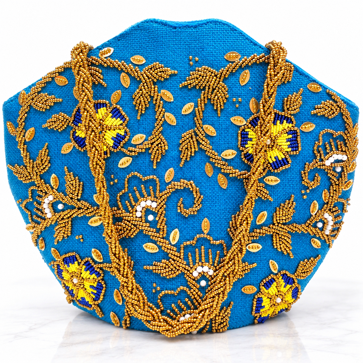 Turquoise Blue Beaded Bag with Gold Floral Embroidery