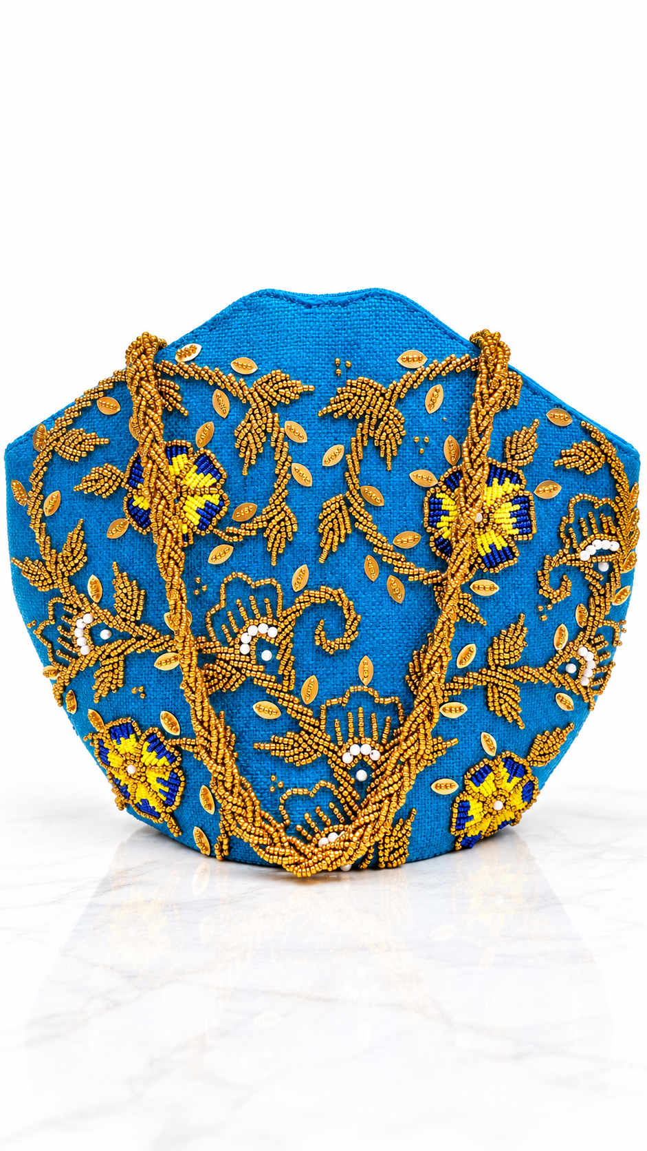 Turquoise Blue Beaded Bag with Gold Floral Embroidery