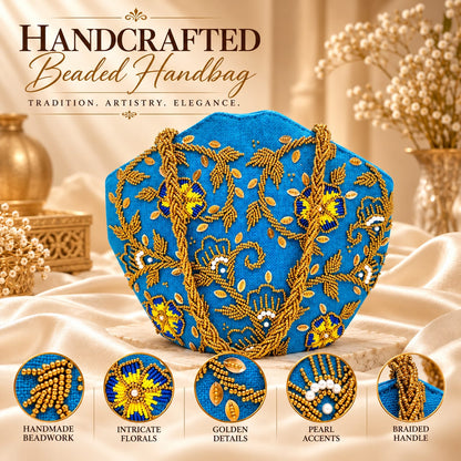 Turquoise Blue Beaded Bag with Gold Floral Embroidery