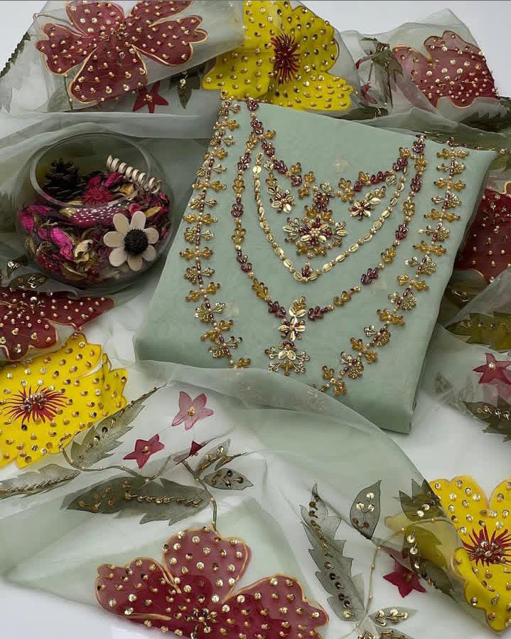 Organza Hand Embroidered Brush Painted Dupatta - 2 piece