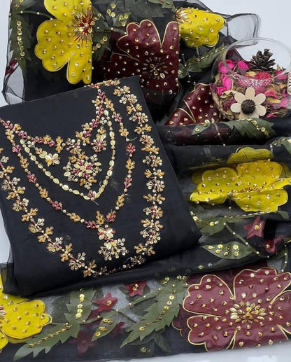 Organza Hand Embroidered Brush Painted Dupatta - 2 piece