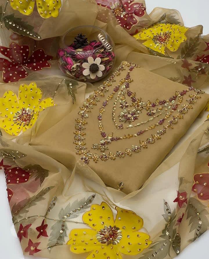 Organza Hand Embroidered Brush Painted Dupatta - 2 piece