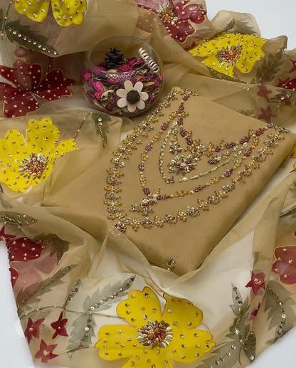 Organza Hand Embroidered Brush Painted Dupatta - 2 piece