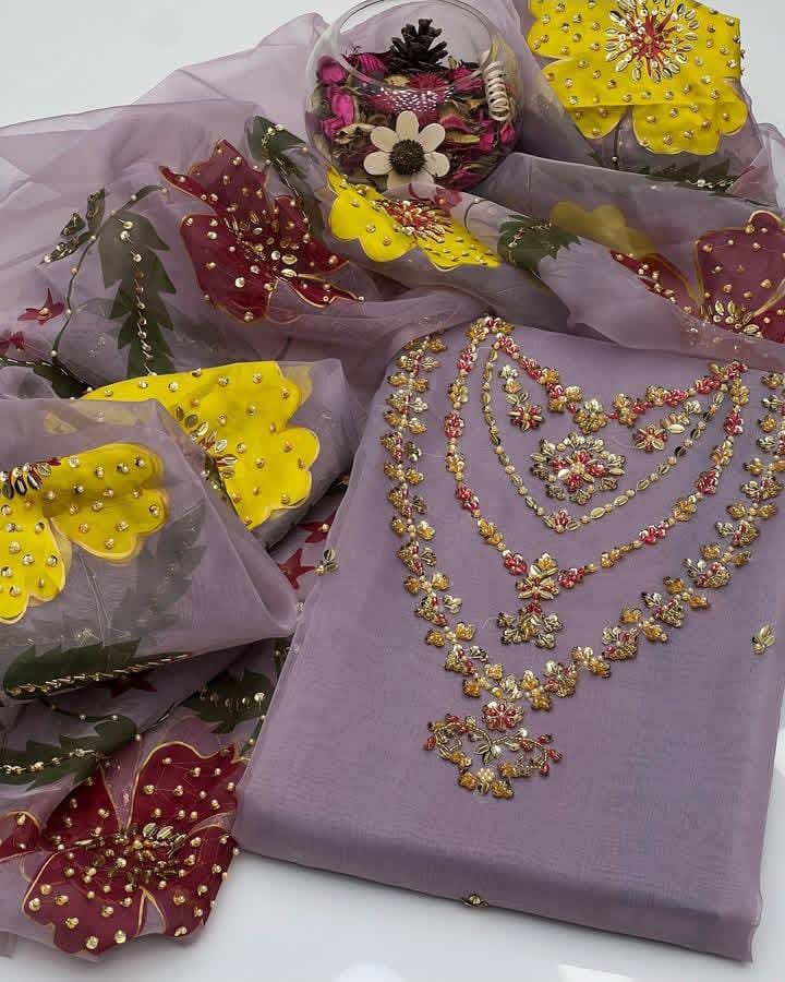 Organza Hand Embroidered Brush Painted Dupatta - 2 piece