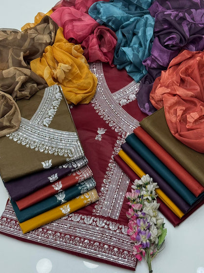 Fancy Angrakha Style 3-Piece Lawn Suit – Embroidered Shirt with Printed Chiffon Dupatta