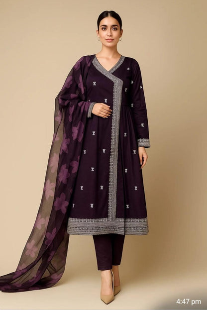 Fancy Angrakha Style 3-Piece Lawn Suit – Embroidered Shirt with Printed Chiffon Dupatta